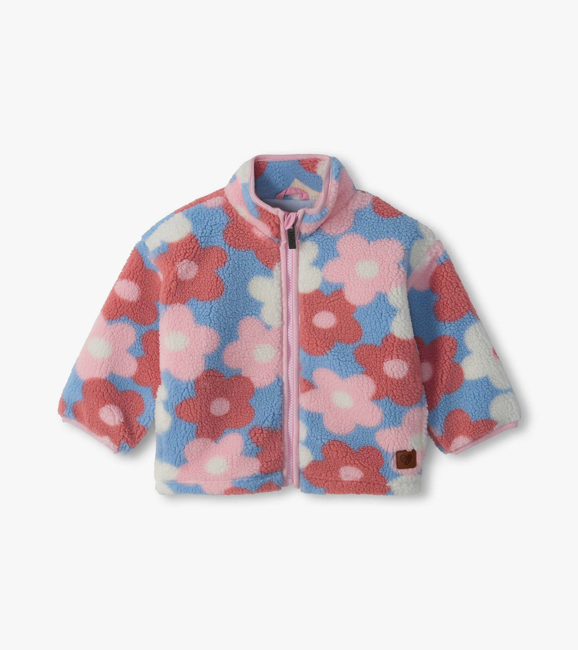 Infant mock neck zip-up jacket with pink, blue, and cream oversized flower print