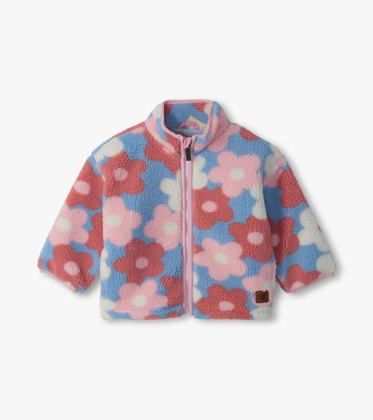Infant mock neck zip-up jacket with pink, blue, and cream oversized flower print