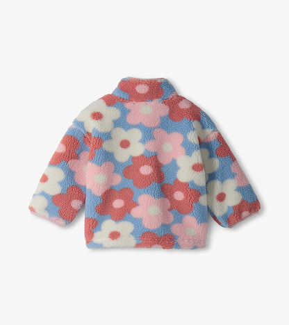 Back view of toddler sherpa jacket with oversized pink, blue, cream and rust flower print