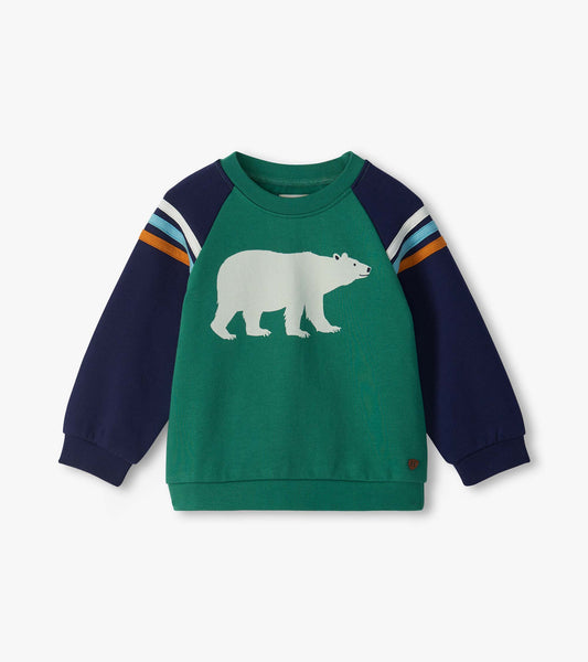 Kids green pullover sweatshirt with navy raglan sleeves, striped shoulders, and white polar bear graphic
