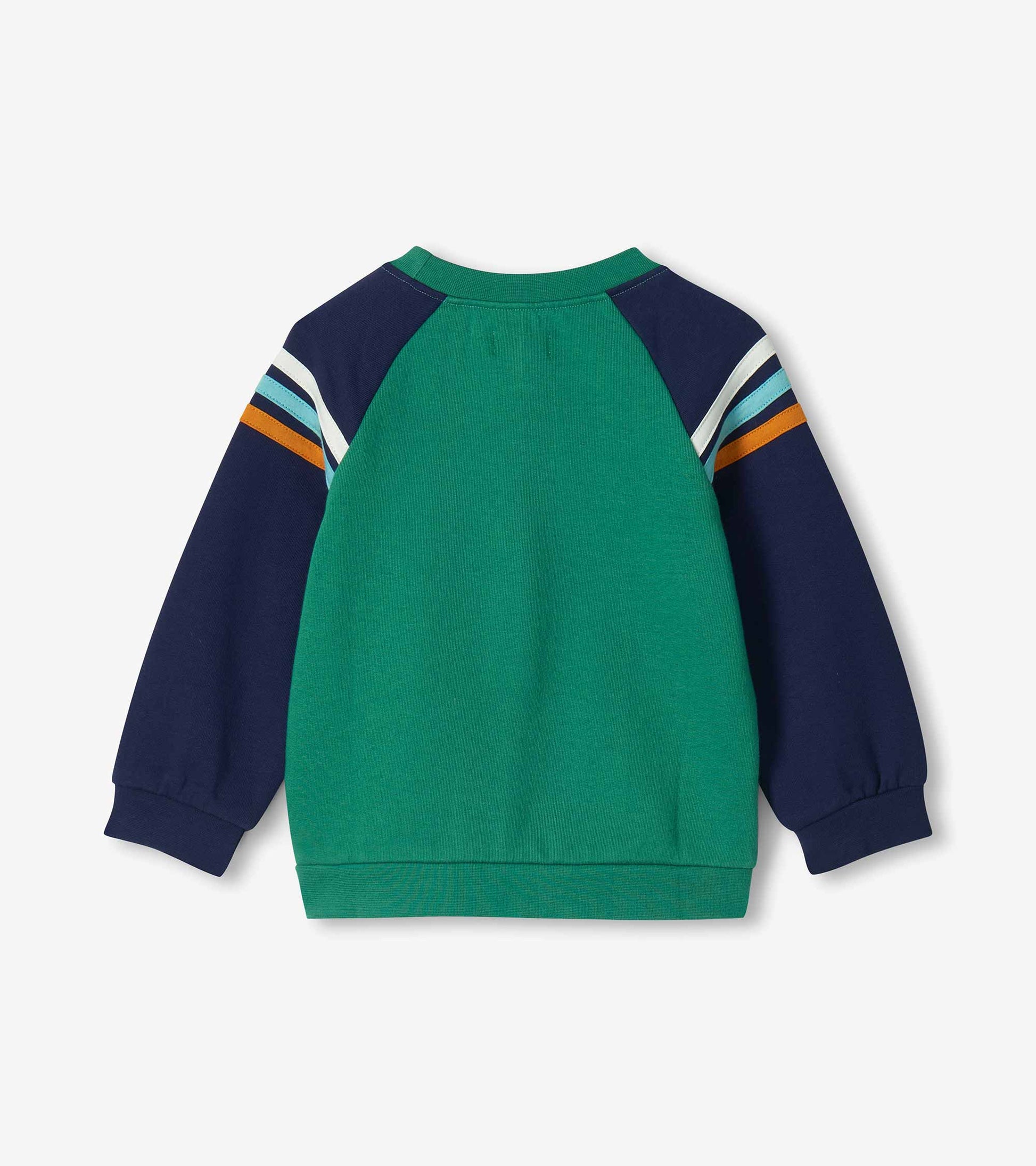 Back view of green pullover sweatshirt with navy raglan sleeves and striped shoulder detail
