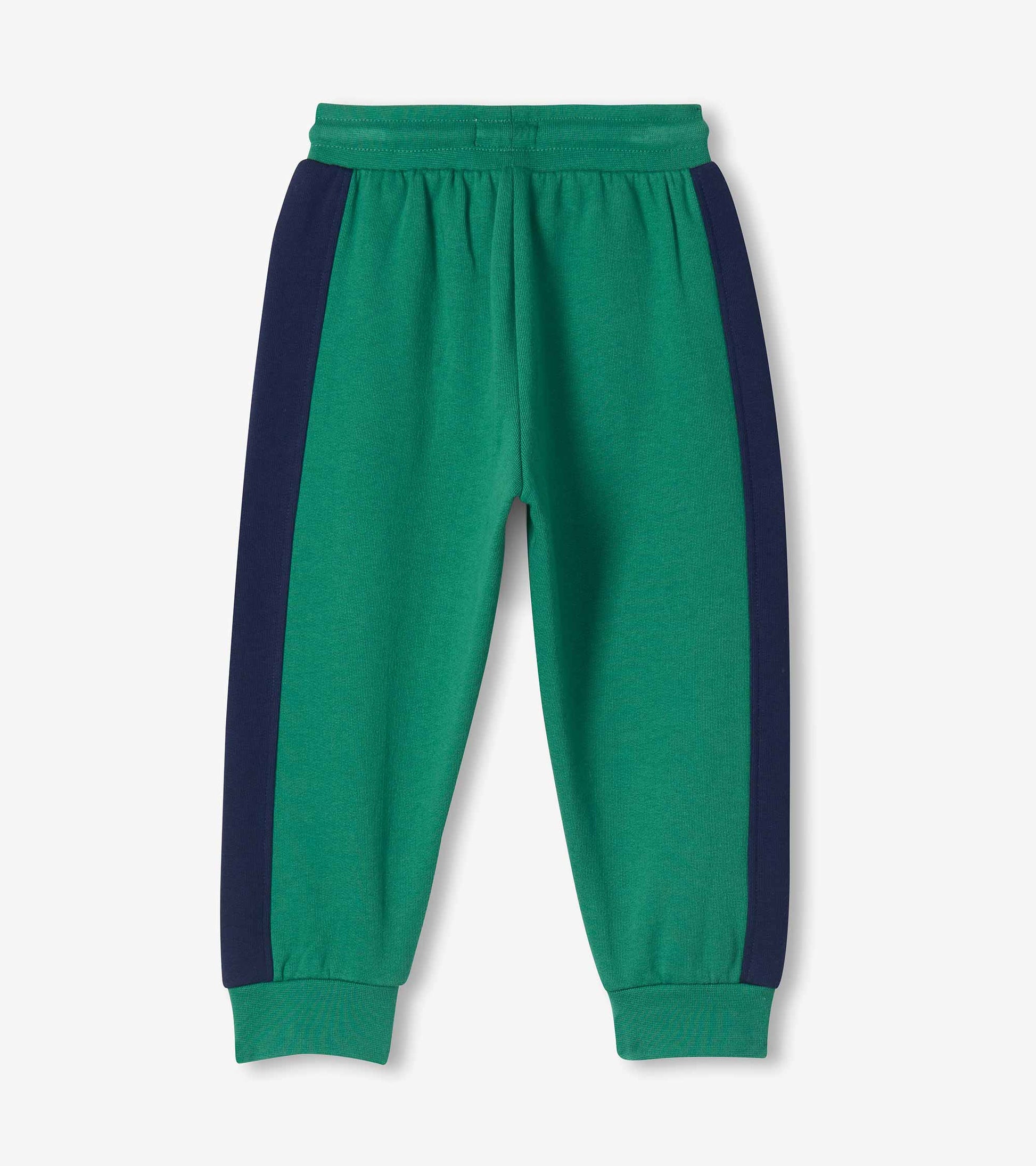 Back view of bottle green toddler track pants with navy side panels and ribbed cuffs