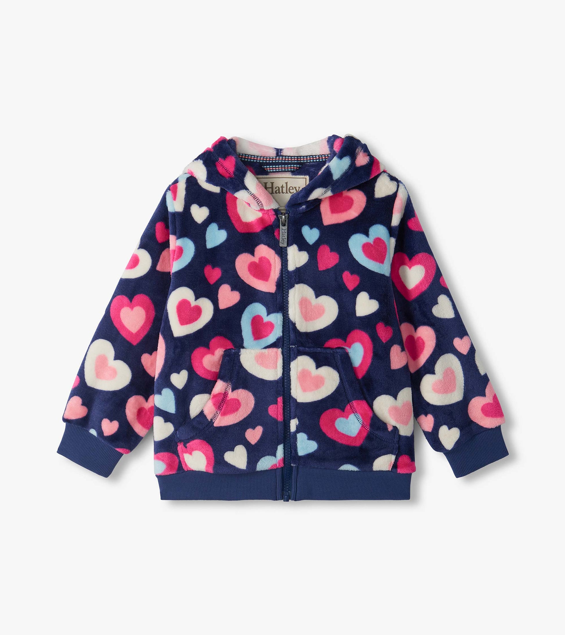 Kids zip-up hoodie with hood, front pockets, and multicolor heart print on a navy background
