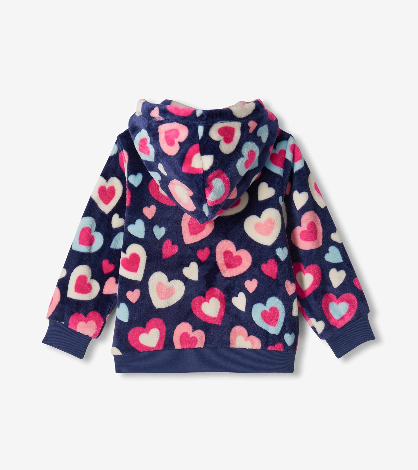 Back view of girls navy hoodie with pink, blue, and white heart print and hood