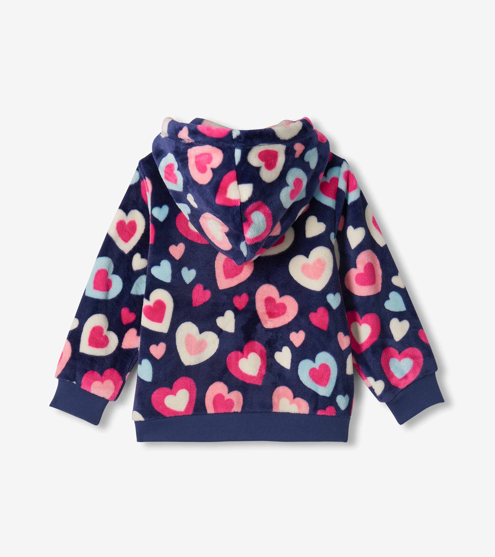 Back view of girls navy hoodie with pink, blue, and white heart print and hood