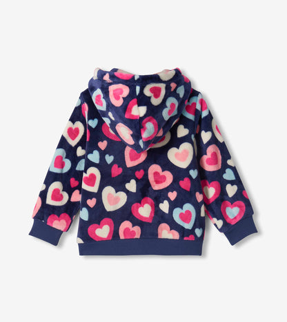 Back view of girls navy hoodie with pink, blue, and white heart print and hood