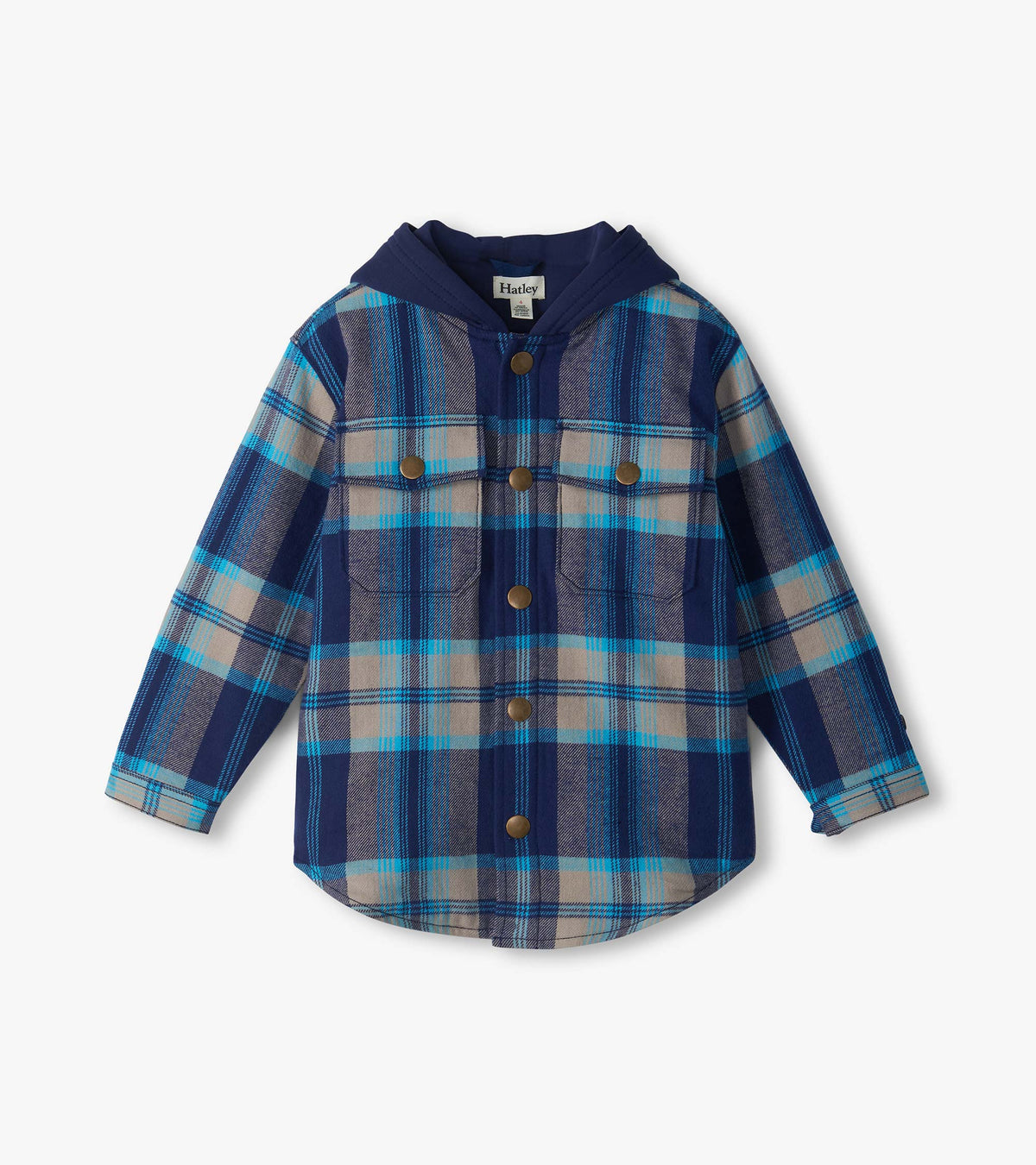 Front view of boys blue plaid hooded flannel shirt jacket with snap front and two chest pockets