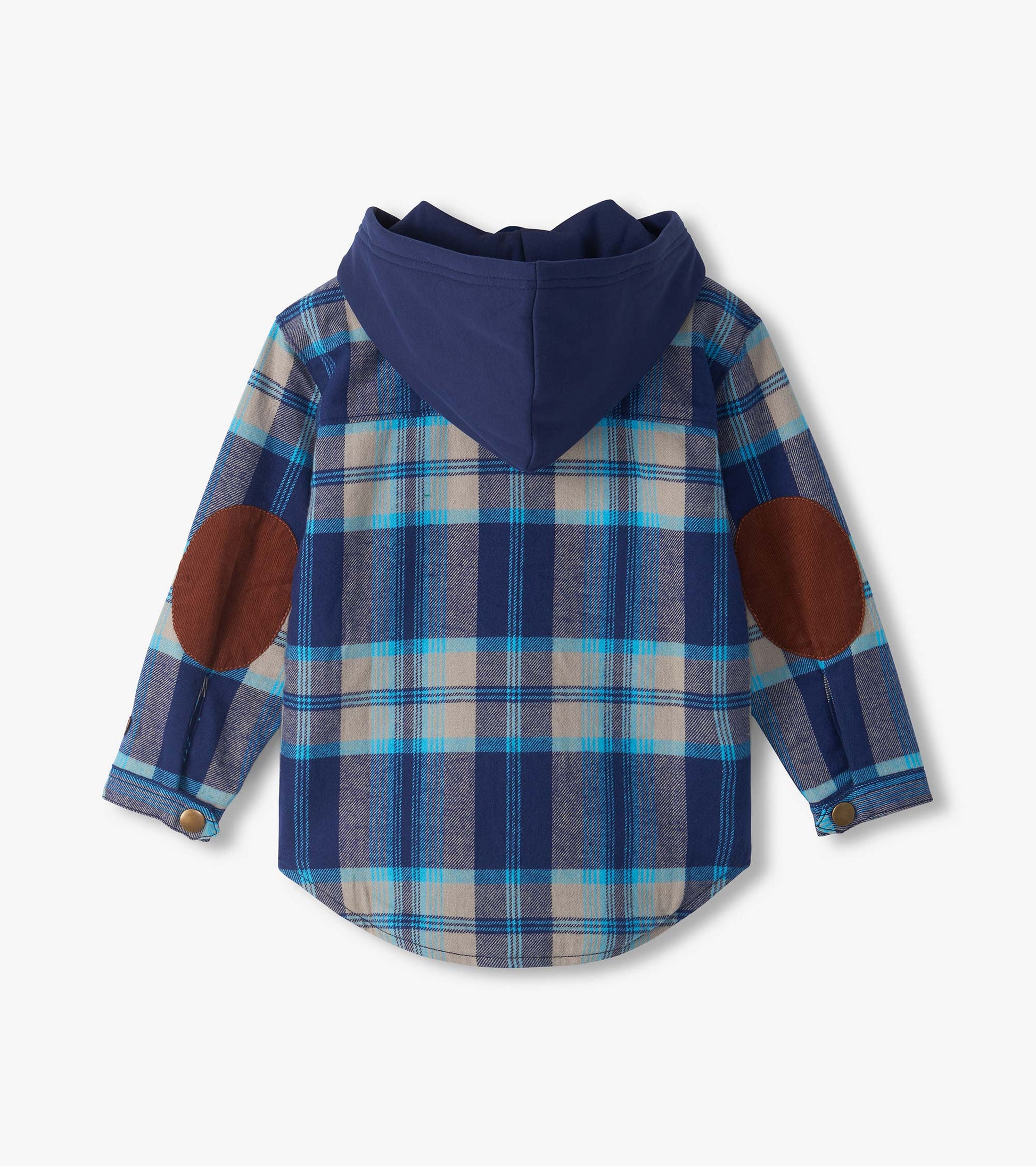 Back view of blue plaid woven hoodie shirt with navy hood and brown elbow patches