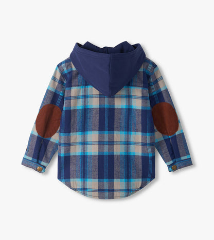 Back view of blue plaid woven hoodie shirt with navy hood and brown elbow patches