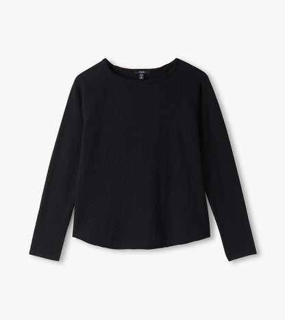 Black raglan sleeve tee laid flat, front view with long sleeves and curved hem