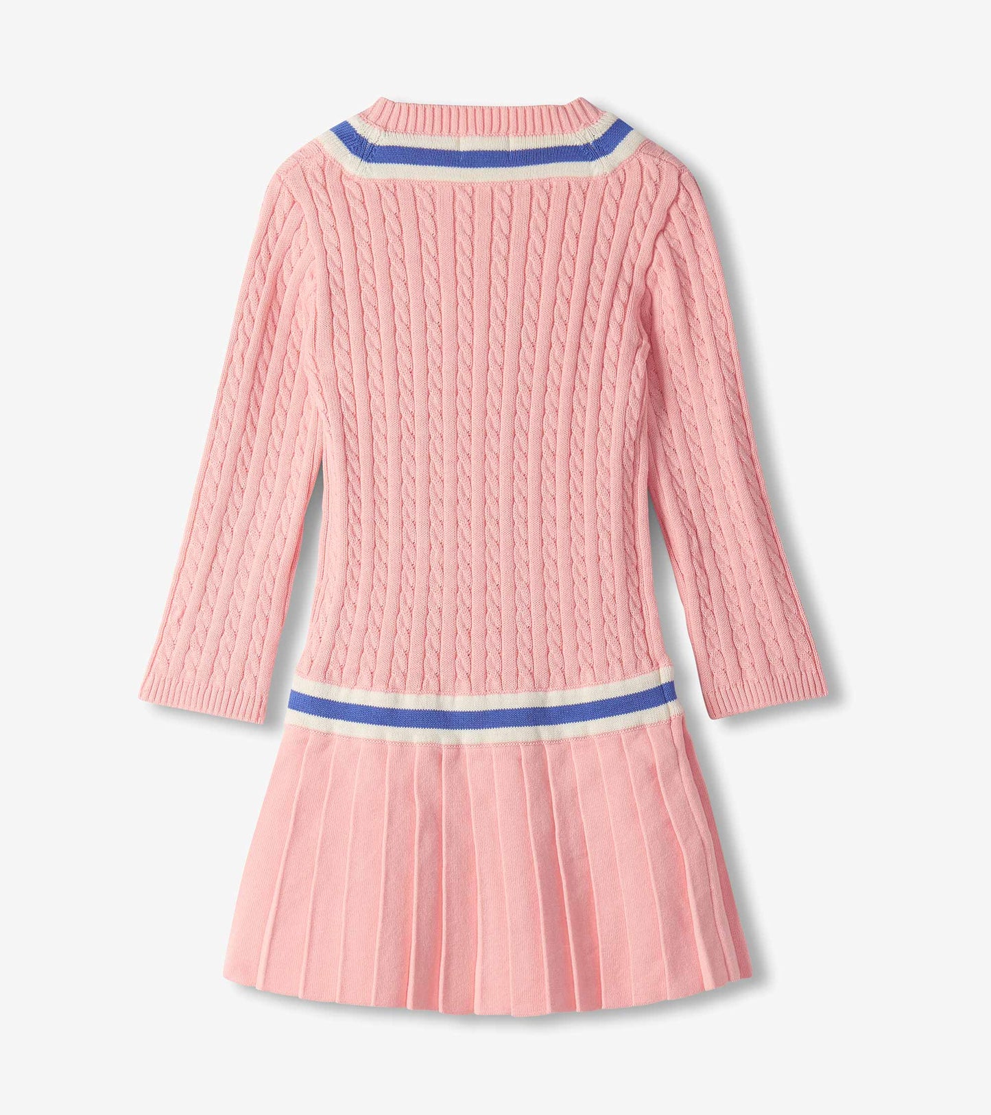 Back view of blossom pink cable-knit dress with striped trim and pleated skirt