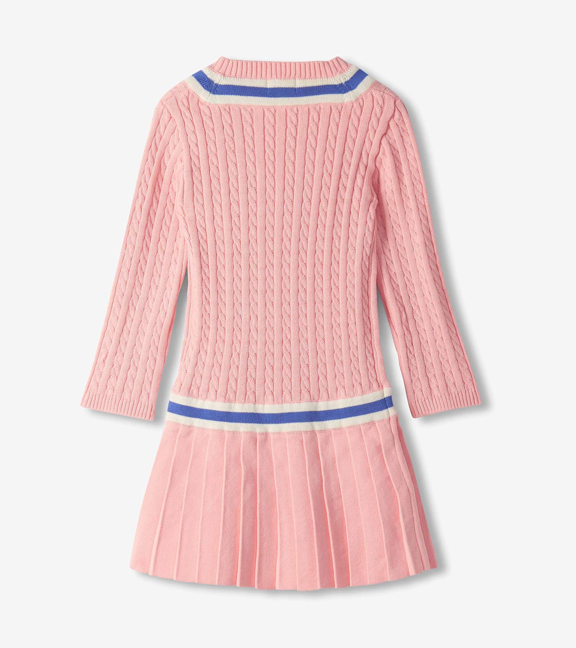 Back view of blossom pink cable-knit dress with striped trim and pleated skirt