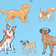 Cartoon dogs in various poses on a blue background