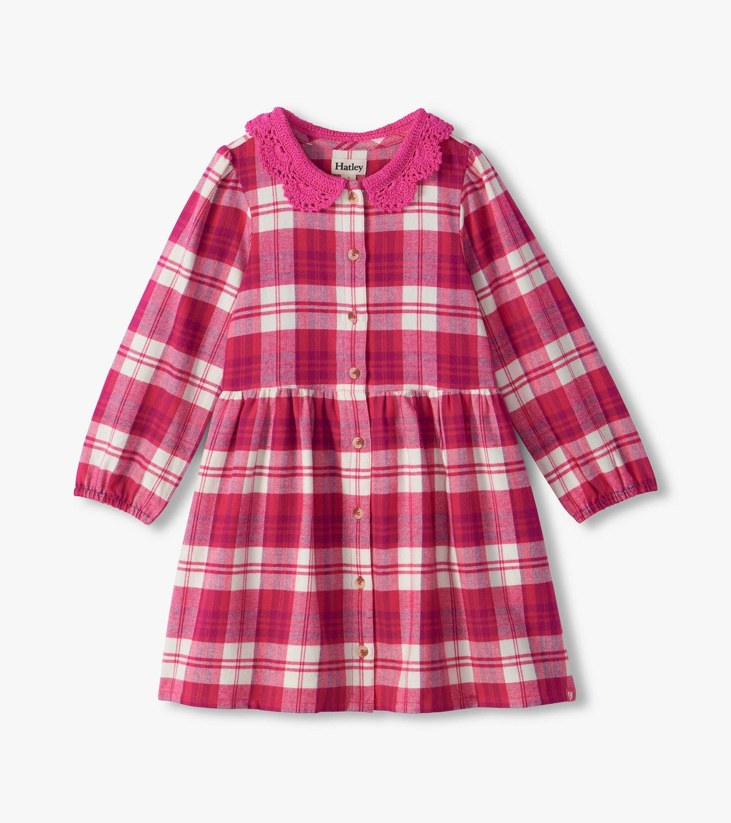 Girls pink plaid button-down dress with long sleeves, gathered waist, and scalloped crochet collar