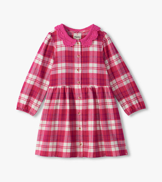 Girls pink plaid button-down dress with long sleeves, gathered waist, and scalloped crochet collar