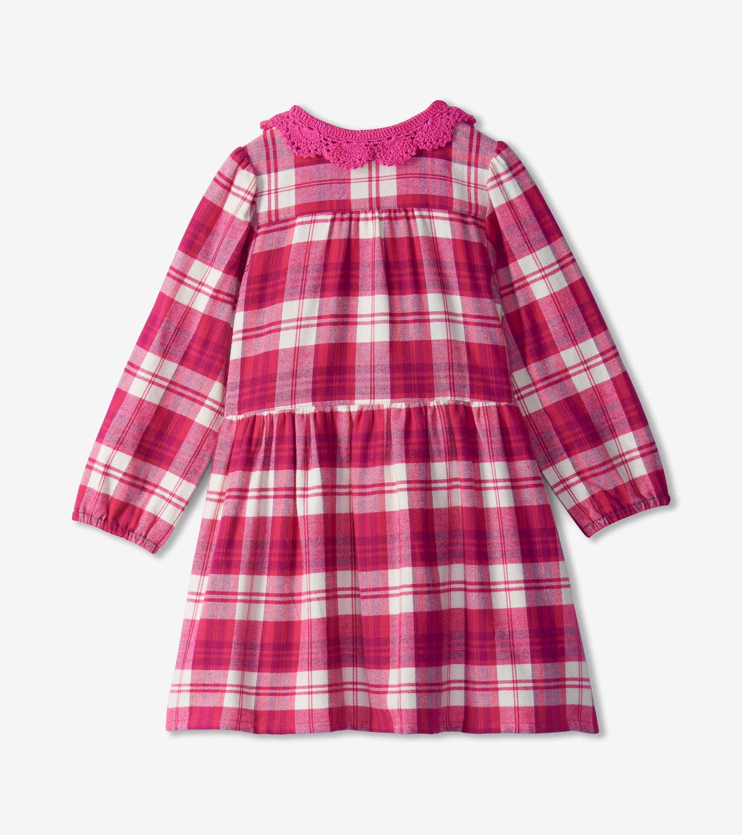 Back view of girls pink plaid long-sleeve dress with gathered skirt and bright pink crocheted collar