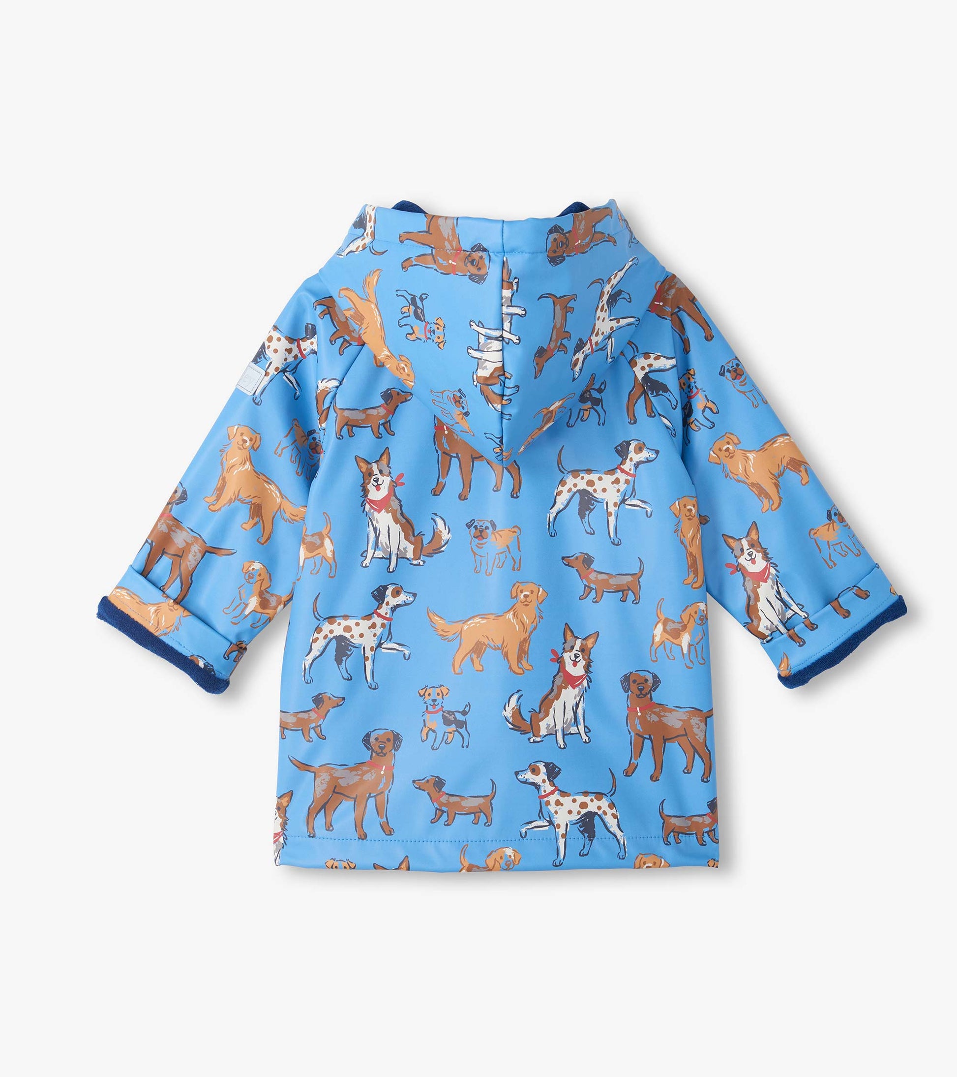 Back view of kids blue hooded rain coat with allover dog print and blue cuff lining