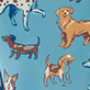 Blue illustration with several cartoon dogs, including a tan dog and a blue dachshund