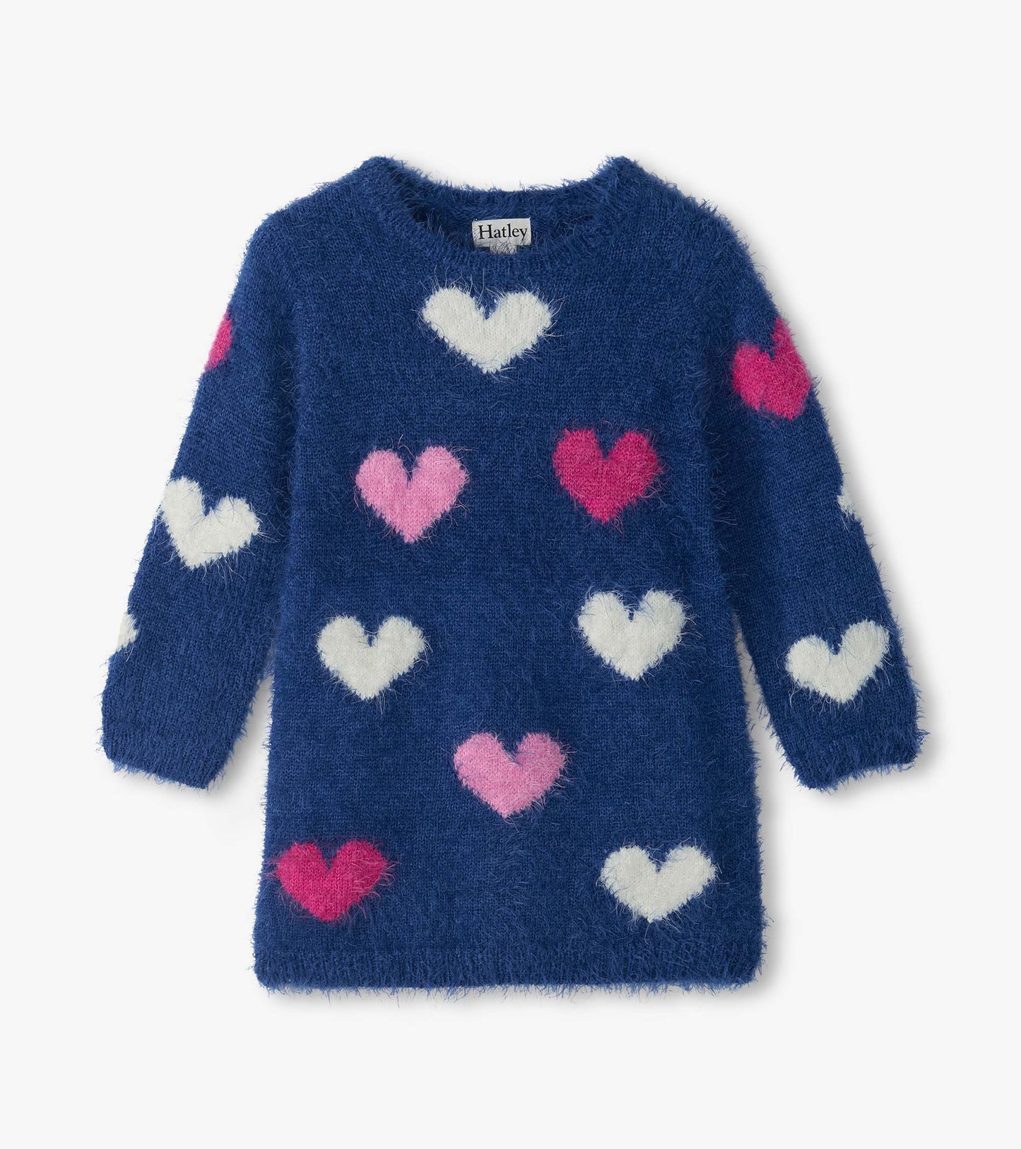 Hatley fuzzy blue long-sleeve sweater dress with white, light pink, and hot pink heart pattern