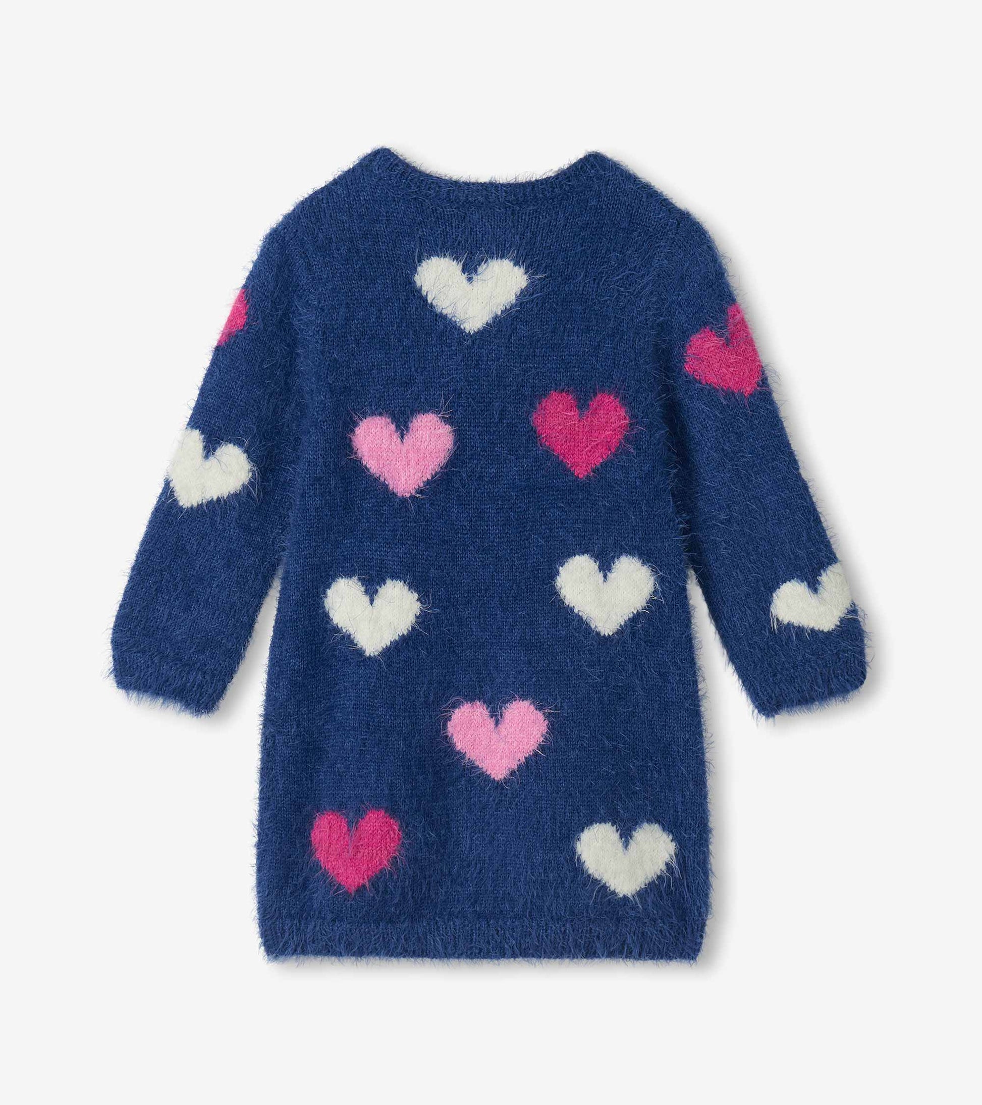 Back view of fuzzy blue long-sleeve sweater dress with white, light pink, and hot pink hearts
