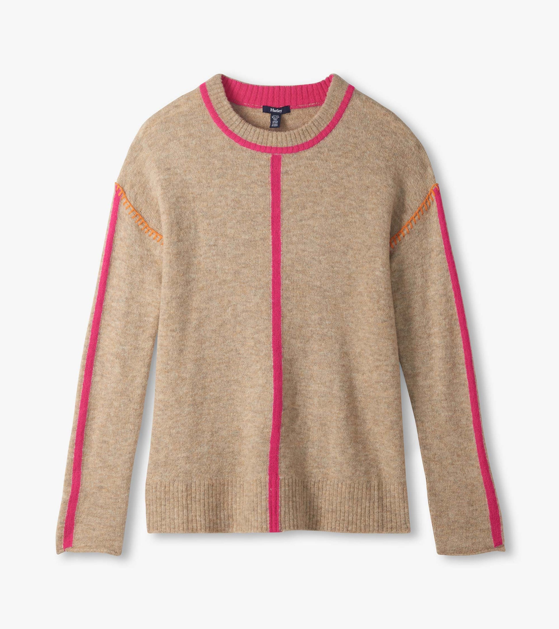 Oatmeal crewneck sweater laid flat with neon pink trim, center seam, sleeve stripes, and orange shoulder stitching