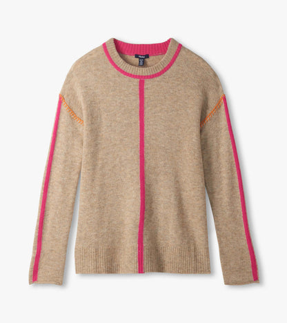 Oatmeal crewneck sweater laid flat with neon pink trim, center seam, sleeve stripes, and orange shoulder stitching