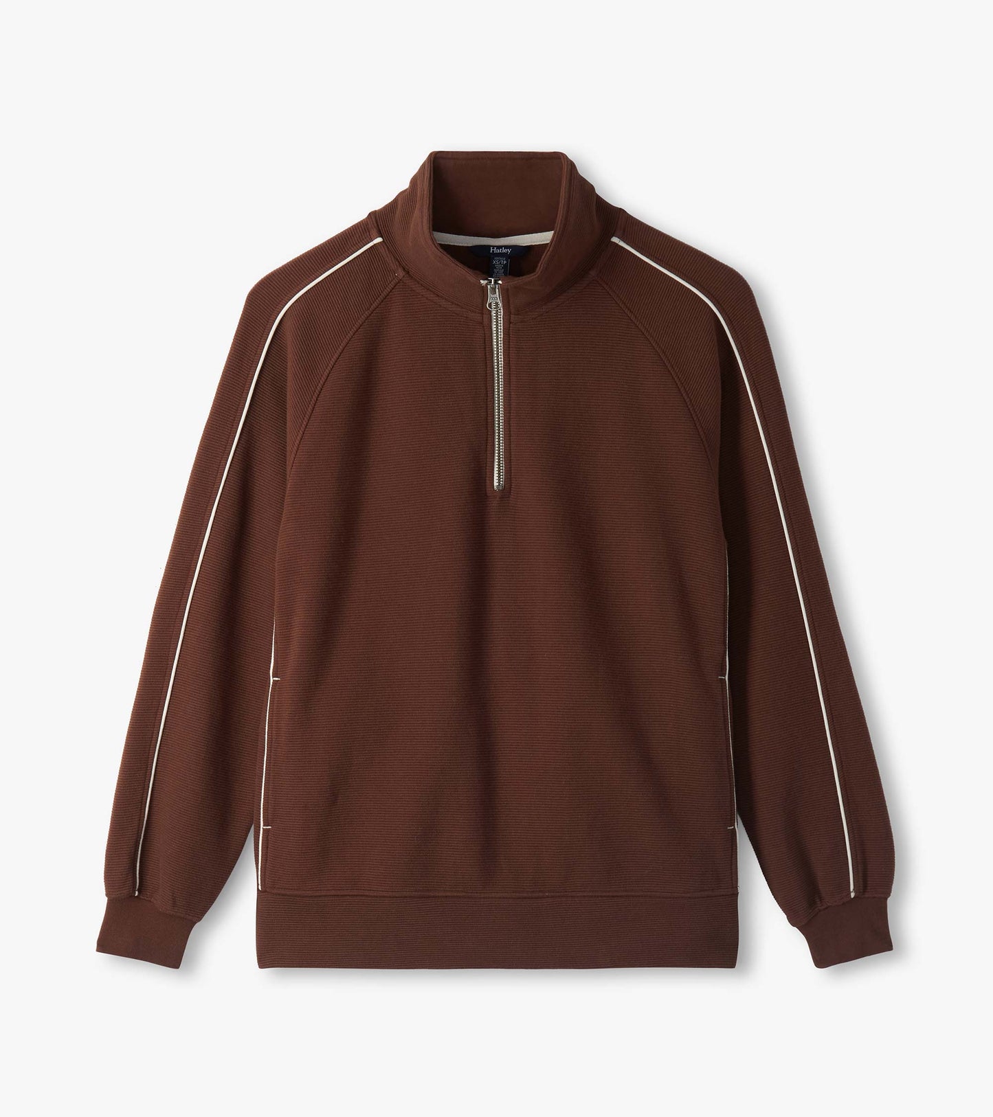 Brown ribbed 1/4 zip top laid flat with stand collar, raglan sleeves, and white piping