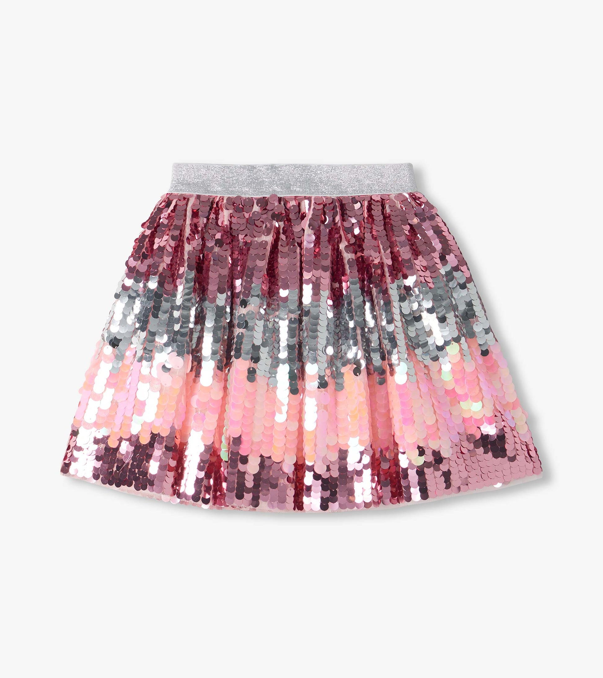 Girls sequin skirt with silver glitter waistband and pink to silver gradient sequins