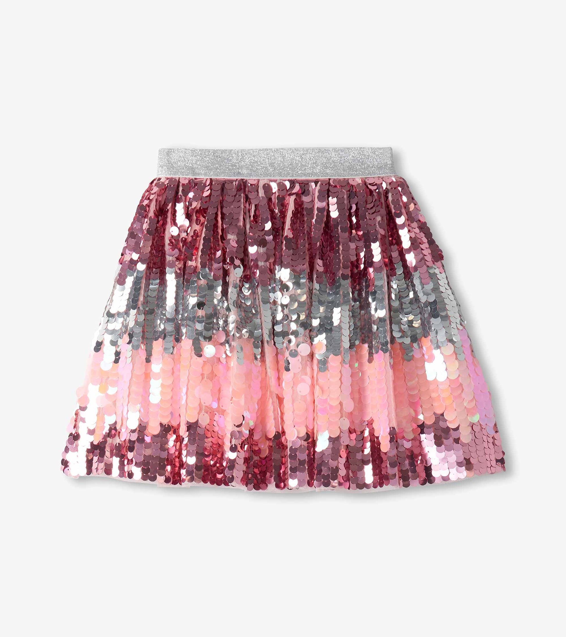 Front view of girls sequin skirt with silver glitter waistband and pink to silver gradient