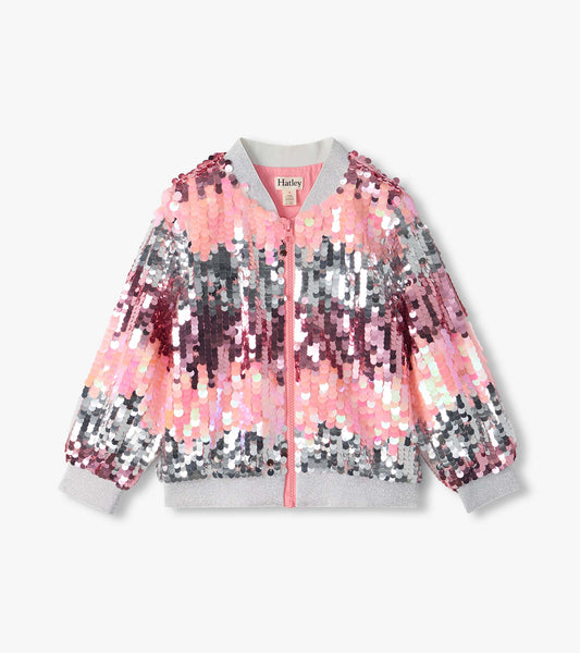 Front view of kids bomber jacket with pink-to-silver gradient sequins, zip front, and silver ribbed trim