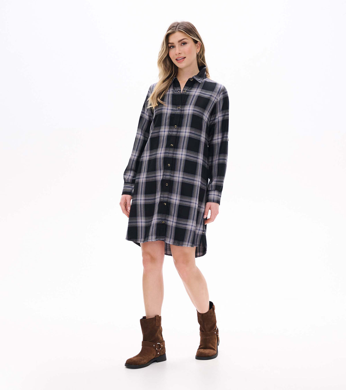 Front view of black and tan plaid shirt dress with collar, button front, long sleeves, and curved hem