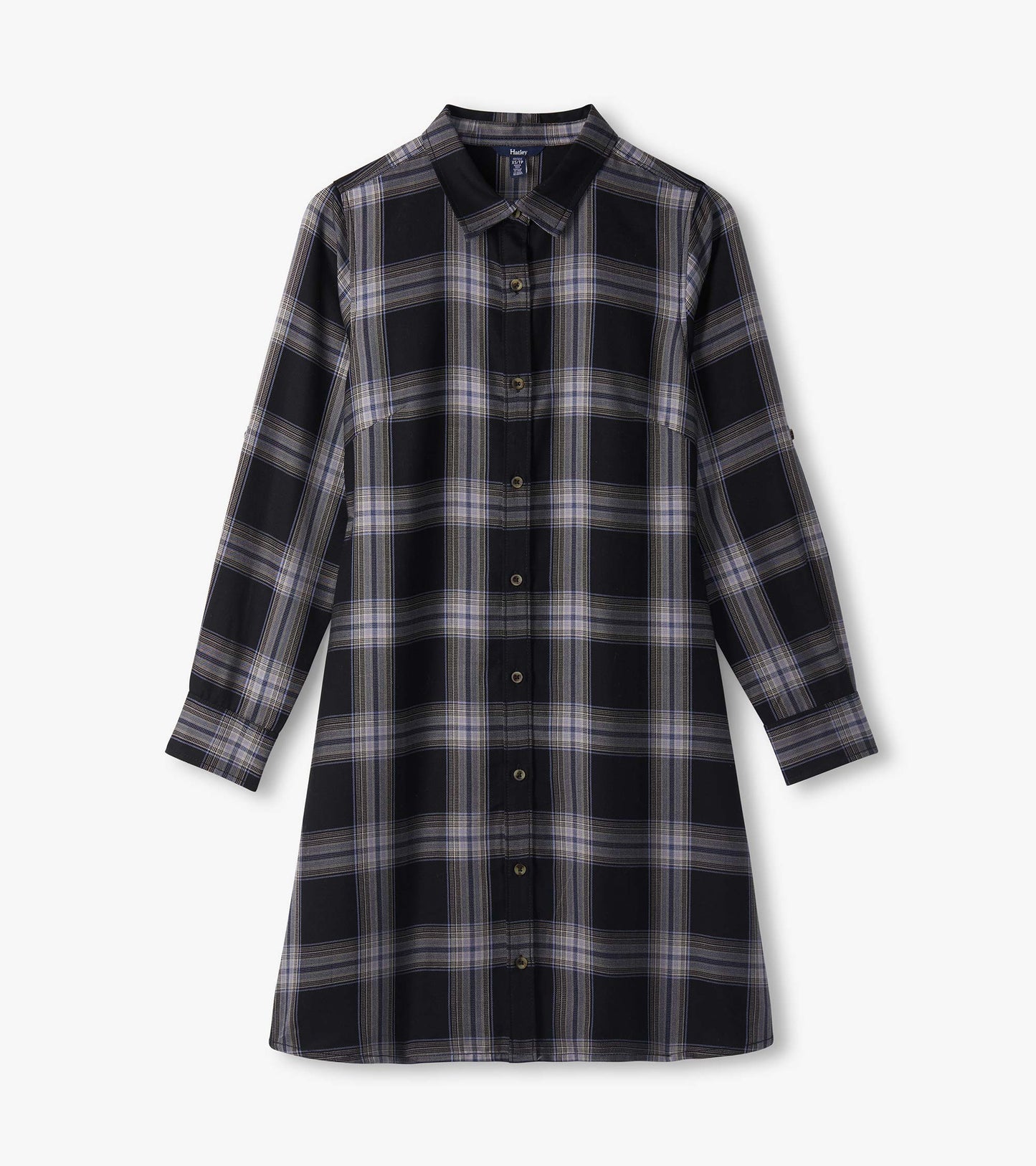 Black and tan plaid shirt dress laid flat, showing pointed collar, button front, and long sleeves