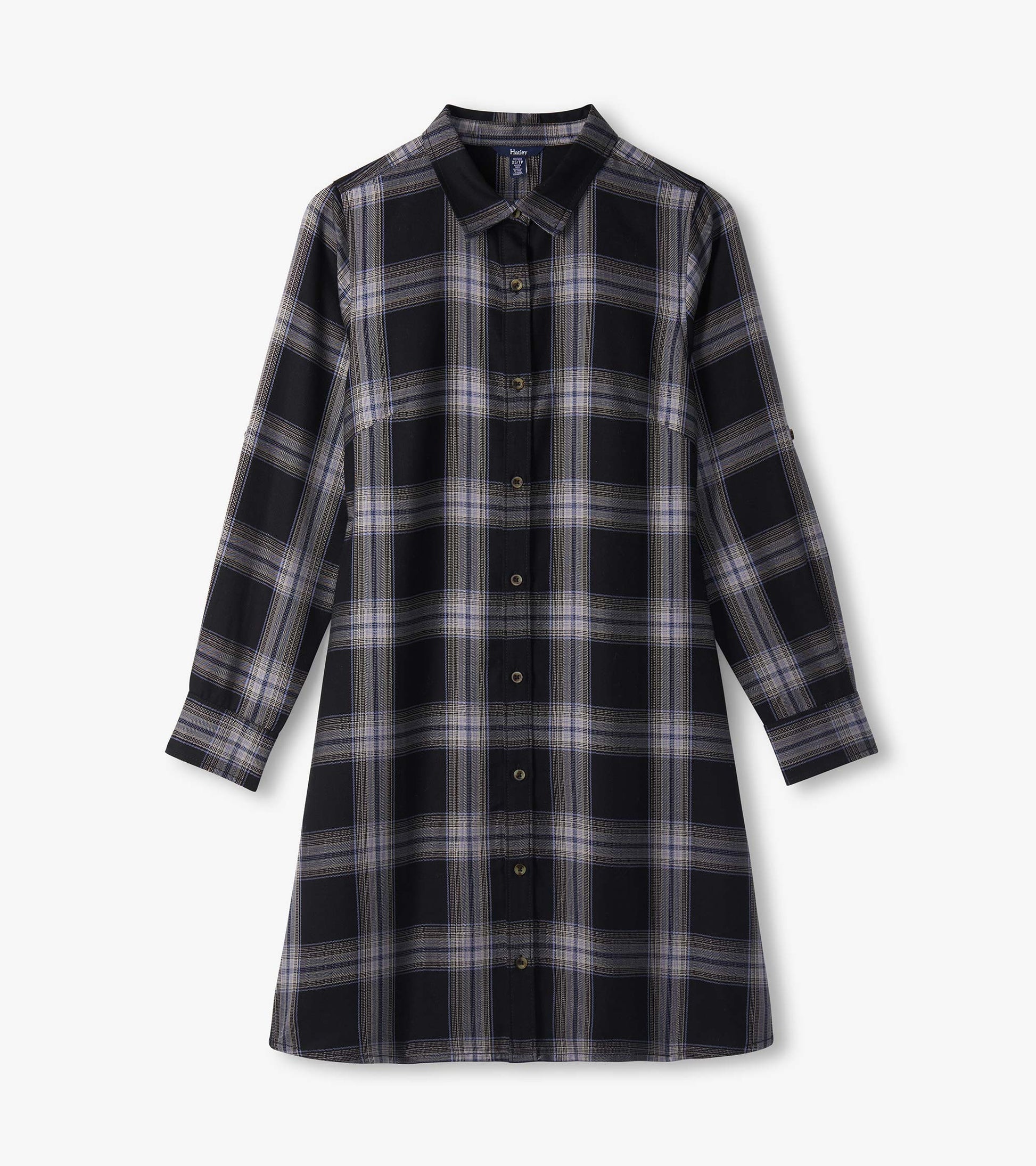 Black and tan plaid shirt dress laid flat, showing pointed collar, button front, and long sleeves
