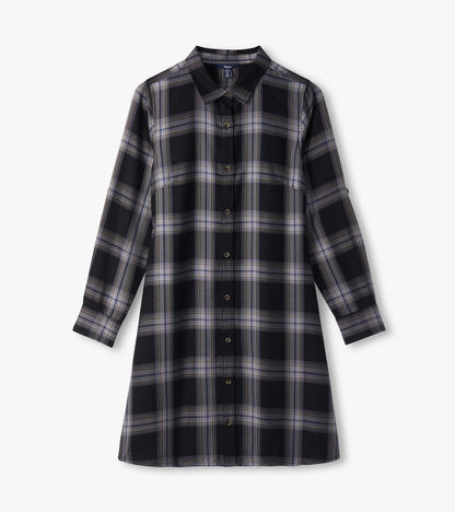 Black and tan plaid shirt dress laid flat, showing pointed collar, button front, and long sleeves