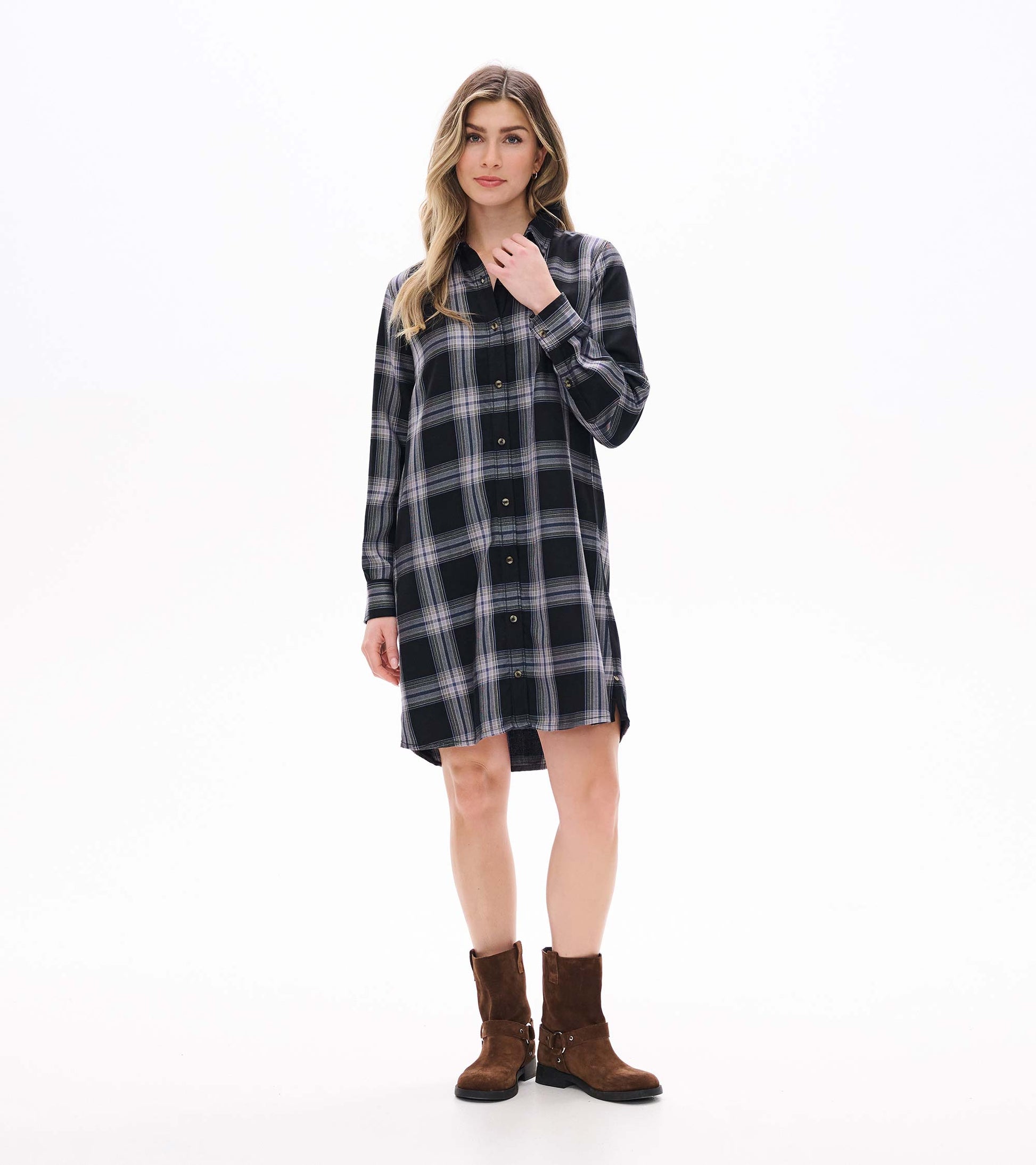 Front view of black and tan plaid shirt dress with long sleeves, button front, and above-knee length