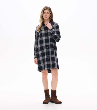 Front view of black and tan plaid shirt dress with long sleeves, button front, and above-knee length