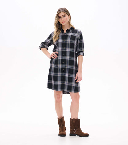 Black and tan plaid shirt dress with collar, button front, rolled sleeves, and knee-length hem