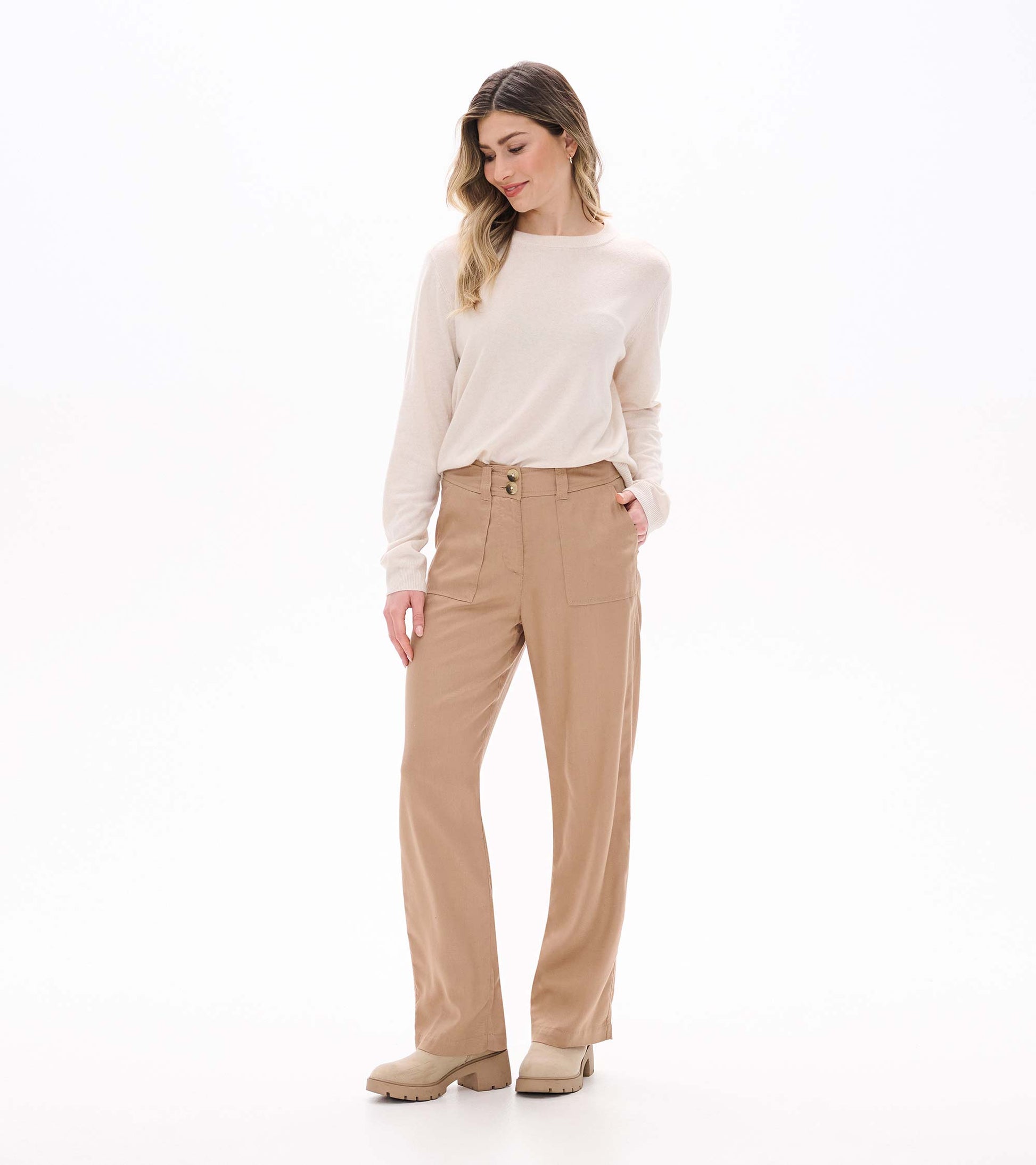 Front view of burro wide leg pants with high waist, double-button closure, and front patch pockets