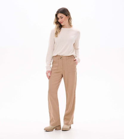 Front view of burro wide leg pants with high waist, double-button closure, and front patch pockets