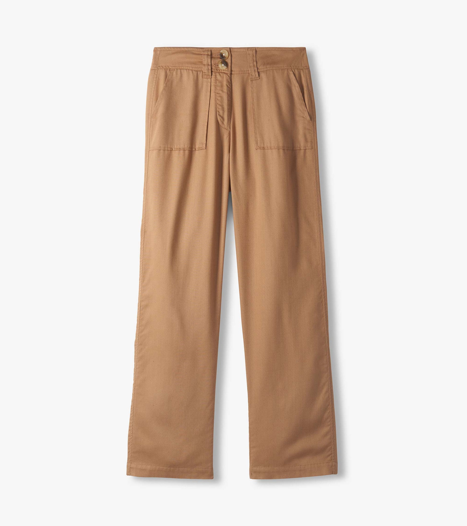 Flat lay front view of burro wide leg pants with double-button waist, belt loops, and front patch pockets