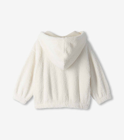 Back view of cream fuzzy hooded pullover with long sleeves and plain back