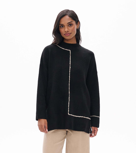 Front view of black Digital Stripe Sweater with mock neck and off-white geometric stripe detail