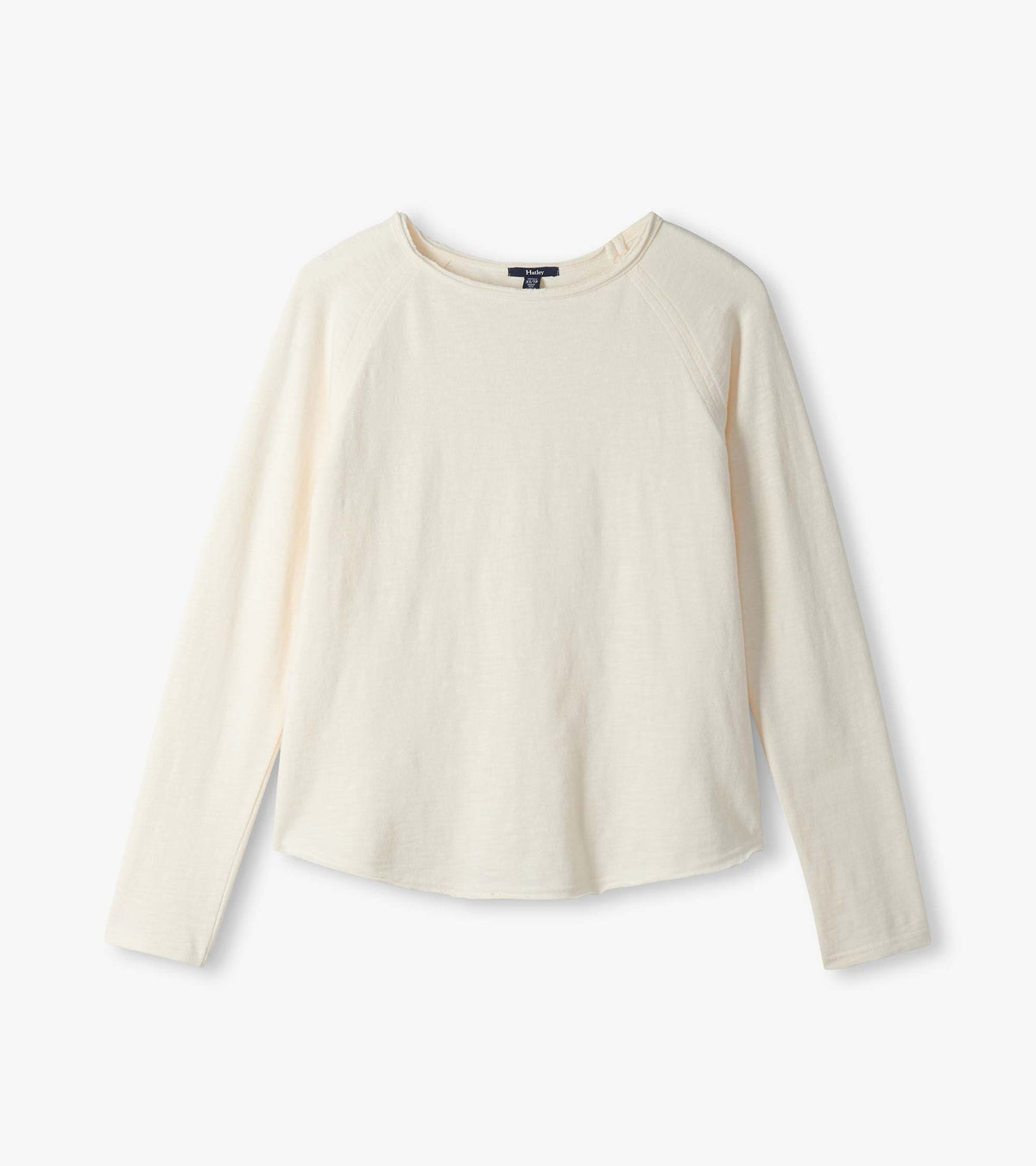 Cream long sleeve raglan tee laid flat, front view with wide neckline and curved hem