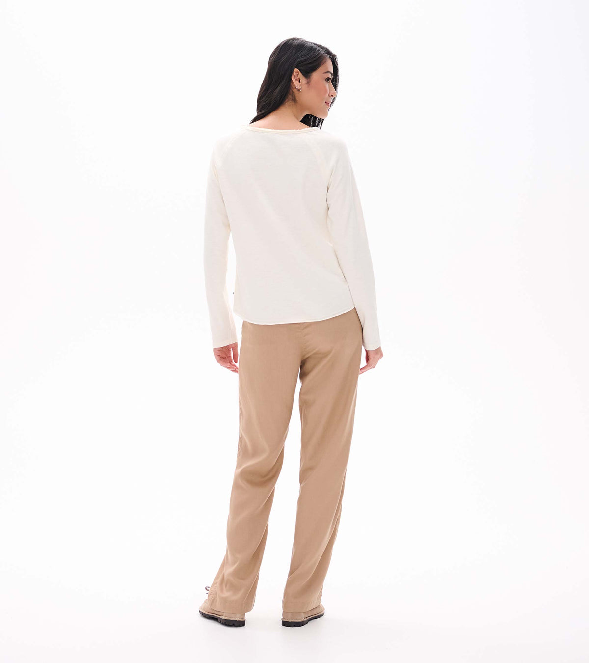 Back view of cream raglan sleeve tee with long sleeves and a wide neckline