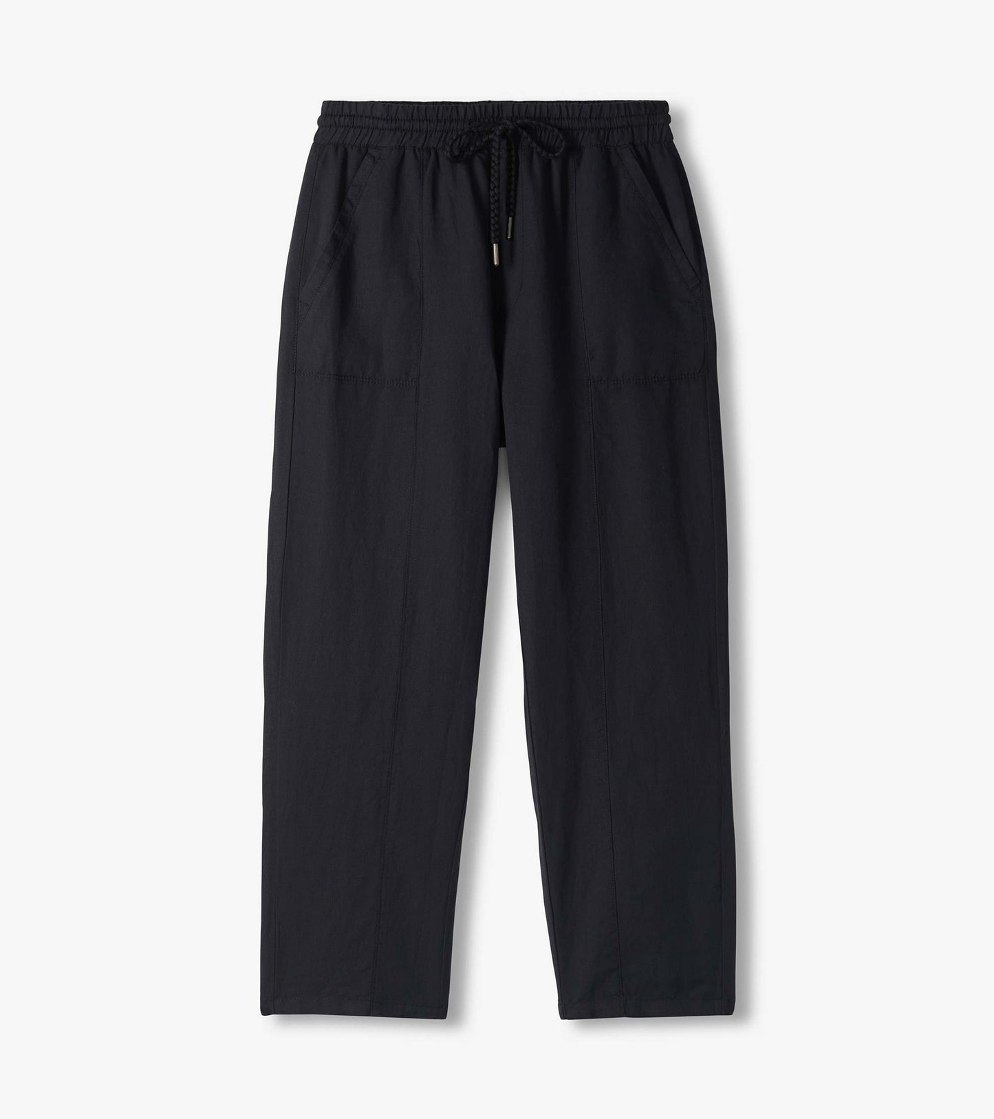 Black wide leg pants laid flat, with elastic drawstring waist, front pockets, and wide straight legs