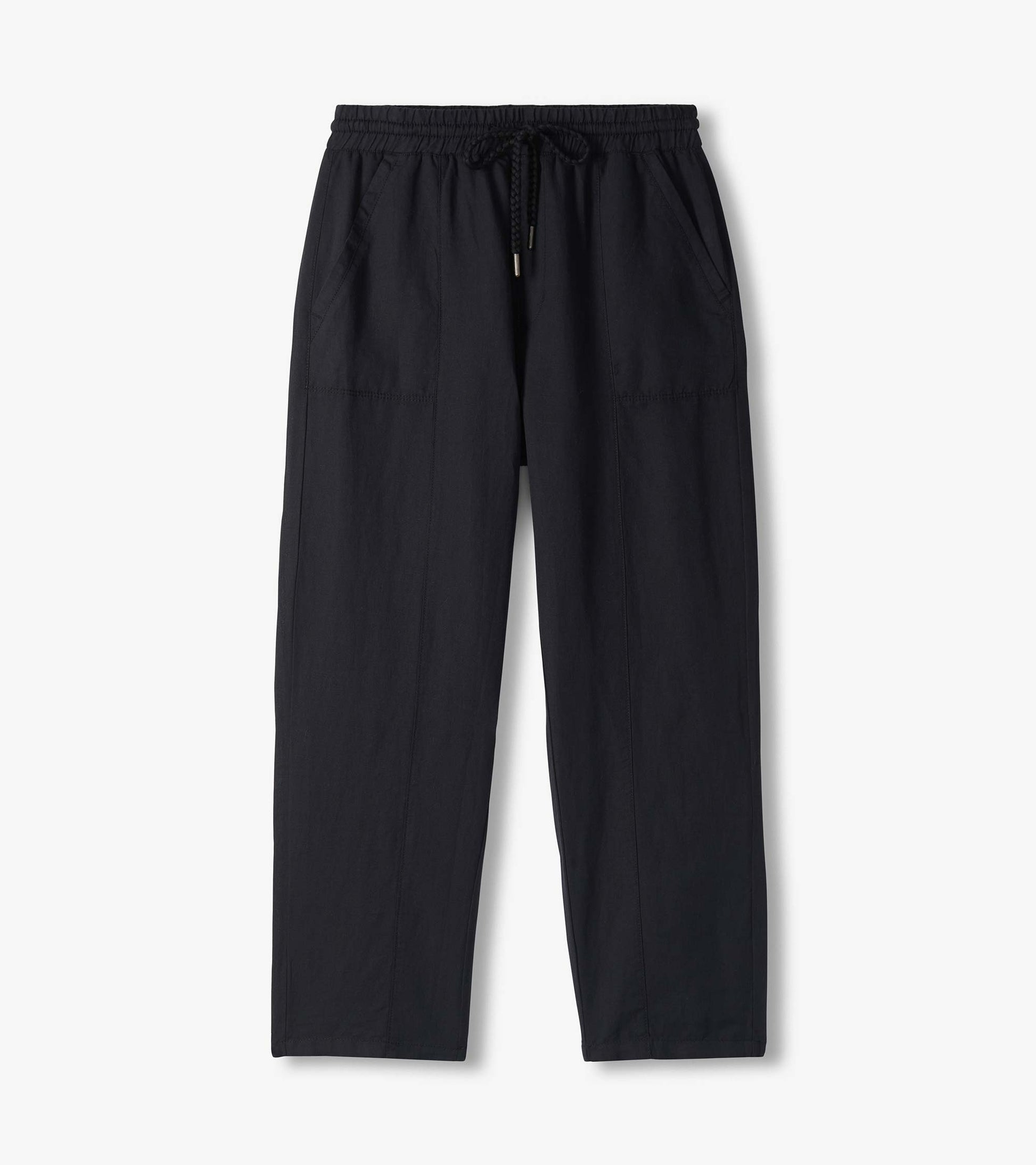 Black wide leg pants laid flat, with elastic drawstring waist, front pockets, and wide straight legs