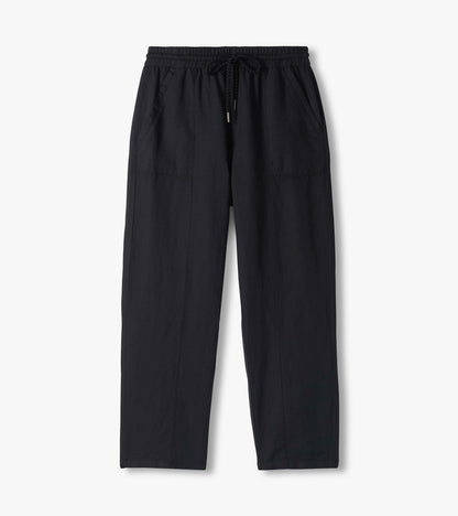 Black wide leg pants laid flat, with elastic drawstring waist, front pockets, and wide straight legs