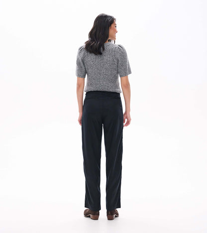 Black wide leg pants shown from the back on a model