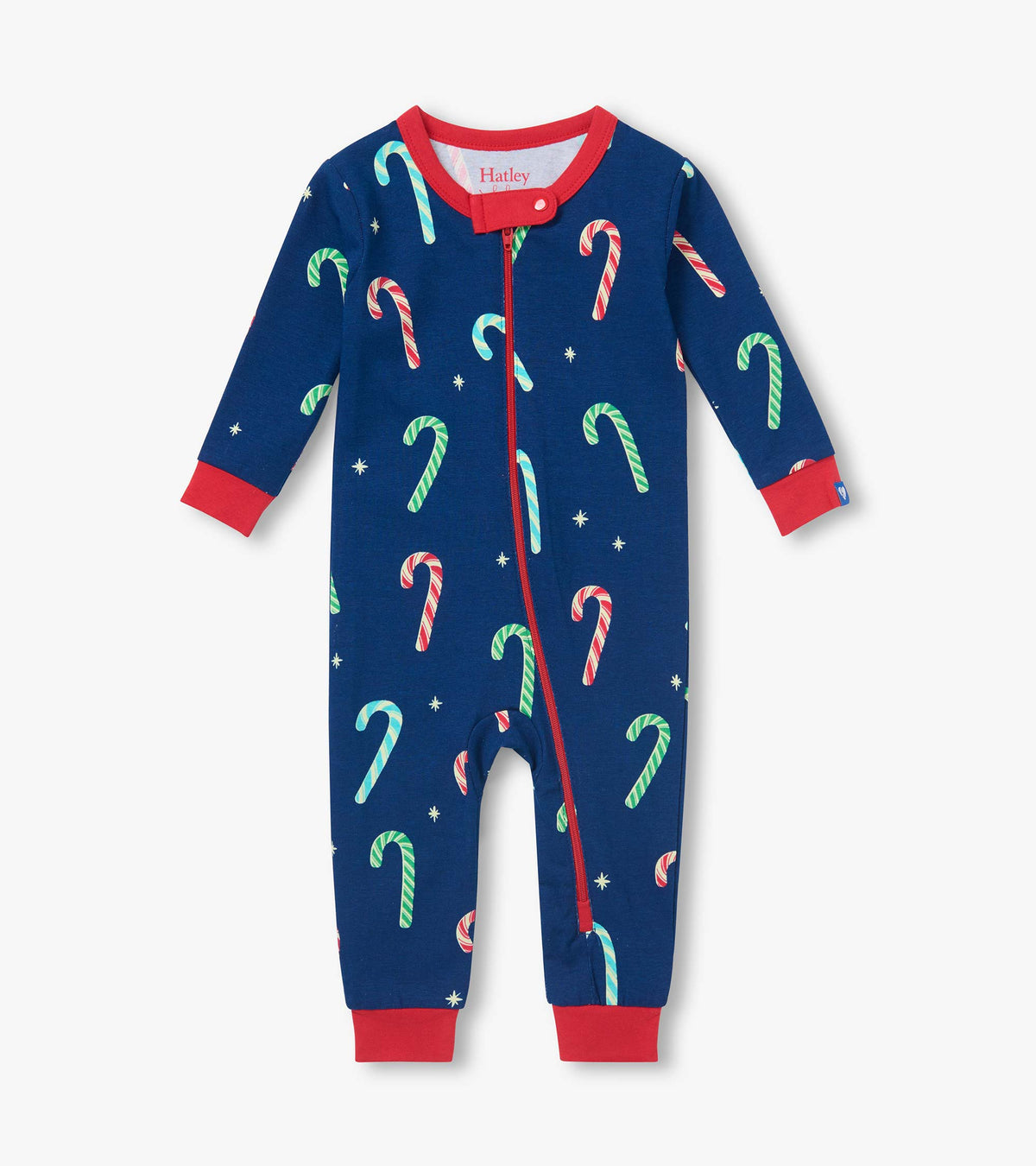 Front view of baby boys blue sleeper with candy cane print, red trim, and asymmetrical zip closure