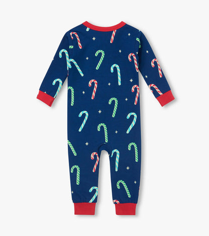 Back view of baby boys blue sleeper with multicolor candy cane print and red cuffs